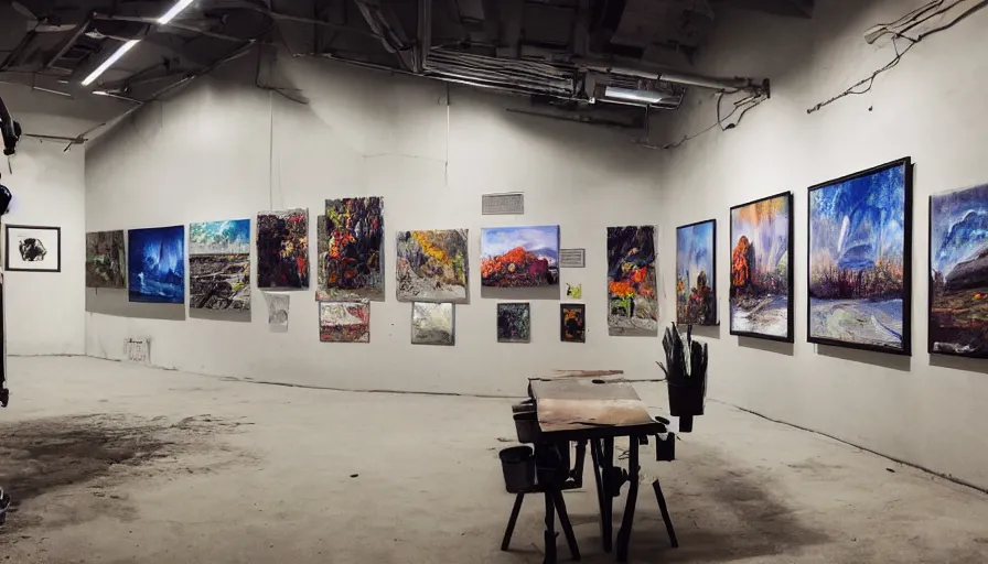 Image similar to dramatic photo of an art factory, photos of landscapes covering the walls, robots painting natural landscapes on canvas, cinematic lighting, wide angle