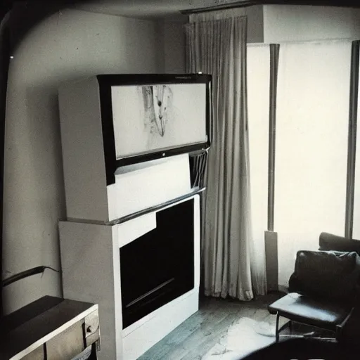 Prompt: a living room in 1982 A square CRT TV is on, with Netflix on the screen!!!!! The only light in the room is the light from TV. Polaroid photograph