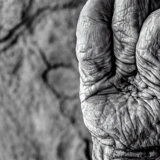 Image similar to closeup photograph of an old, wrinkled hand. Macro details. Shallow depth of field. Strong keylight.