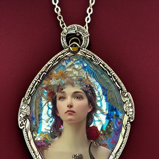 Prompt: hyperrealistic detailed necklace made like seraphim angel with cinematic sharp focus 8 k in style of alfons mucha as a necklace