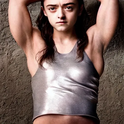 Prompt: muscular young arya stark showing her abs, glisten, high resolution, hard light, vogue photoshoot