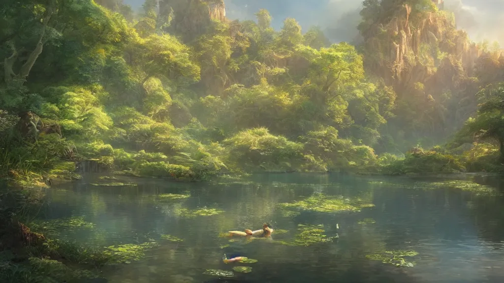 Image similar to a ultradetailed beautiful matte painting of a peaceful pond with a clear water where a vegetal dragon is peacefully sleeping, dynamic lighting, cinematic lighting, lit by morning light, by krenz cushart and artgerm, unreal engine, featured on artstation