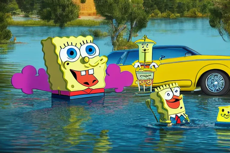 Prompt: spongebob squarepants driving a cadillac in a wetland, realistic photograph