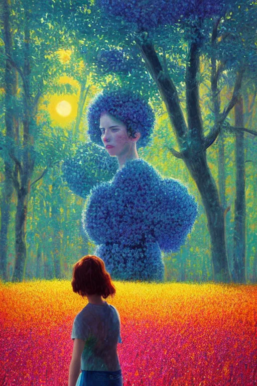 Image similar to girl with huge flower as a face, standing in a flower field, big trees, sunrise dramatic light, impressionist painting, colorful clouds, digital painting, pointillism, artstation, simon stalenhag