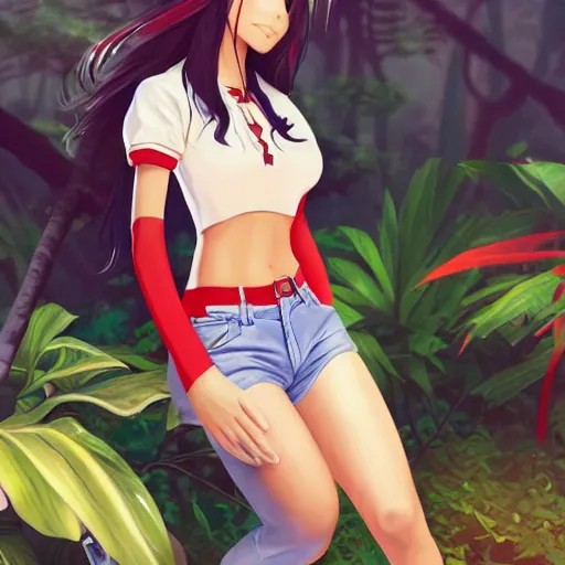 Image similar to real nagatoro using white and red tight raglan sleeves, tight blue jeans and cool shoes in a tropical forest, epic hair glowy fire flames, artstation, 3 d ray tracing, lumen, octane render flawless masterpiece concept art professionally post processed by wlop