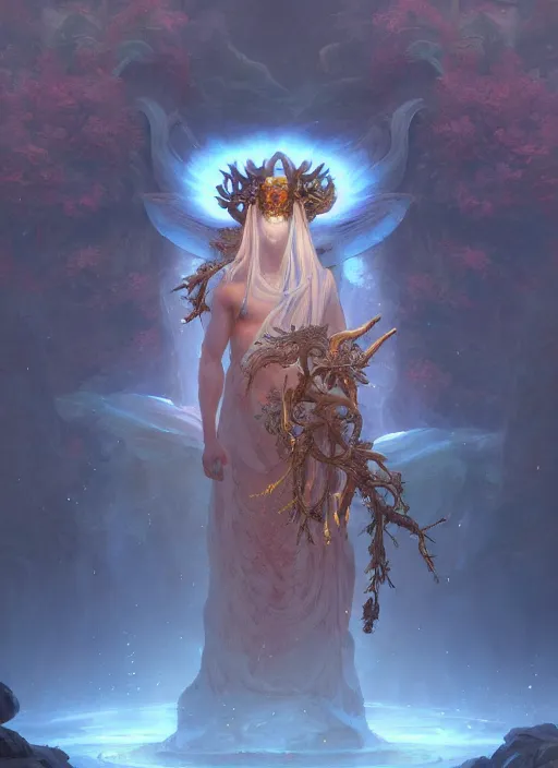 Image similar to Gigantic Stone Deity with a halo made of fluorescent mushrooms and antlers, flowing robes, extremly detailed digital painting, in the style of Fenghua Zhong and Ruan Jia and jeremy lipking and Peter Mohrbacher, mystical colors, rim light, beautiful lighting, 8k, stunning scene, raytracing, octane, trending on artstation