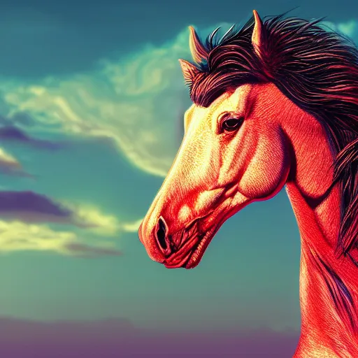 Prompt: digital horse, retrowave palette, highly detailed, anatomically correct equine, synth feel, smooth face, ear floof, flowing mane, no reins, super realism, accurate animal imagery, soft fur, 4 k digital art