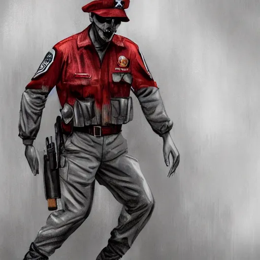 Image similar to ( ( beige ) ) uniform and caps ( red skin zombie ) ranger officers ( background brutalist gray concrete office ) trending on artstation high detail digital painting 4 k 8 k hd accurate glow red