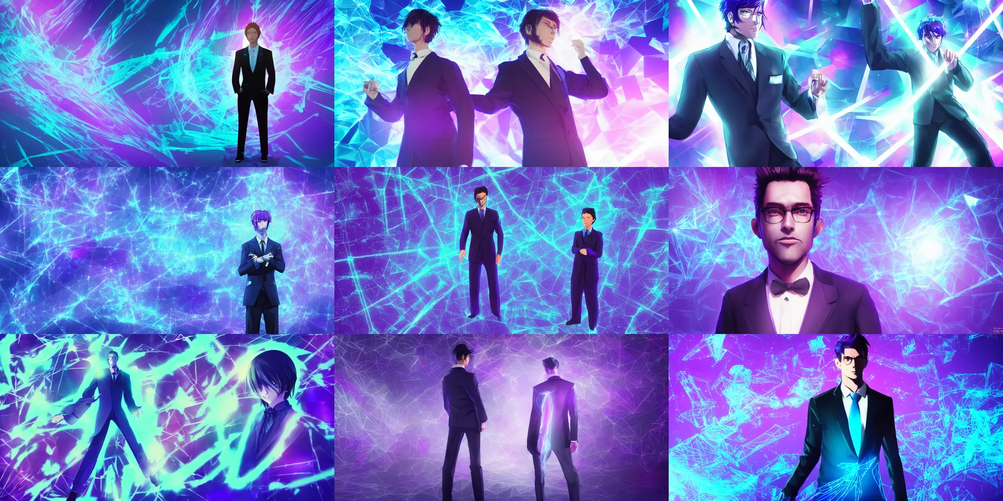 Prompt: a man in a suit standing in front of a blue and purple background, a hologram by baioken eishun, polycount, aestheticism, anime aesthetic, official art.