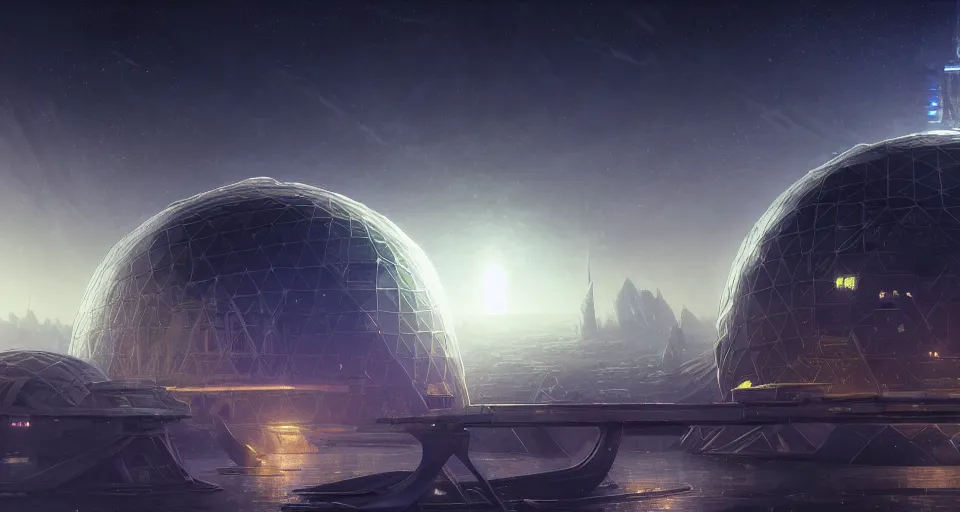 Image similar to cinematic shot, futuristic city on the moon inside a giant geodesic dome, utopian, night, stars, digital painting, artstation, concept art, smooth, sharp focus, illustration, intricate, elegant, highly detailed, in the style of greg rutkowski and alphonse mucha and artemisia, 8 k, highly detailed, jurgens, rutkowski