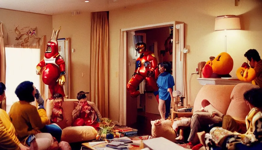 Prompt: 1990s candid 35mm photo of a beautiful day in the living room, cinematic lighting, cinematic look, golden hour, large costumed mascot business fruit people giving spaceship presentations to families, Enormous personified business fruit people with outstandingly happy faces coming out of a portal and talking to families about space and planets, UHD