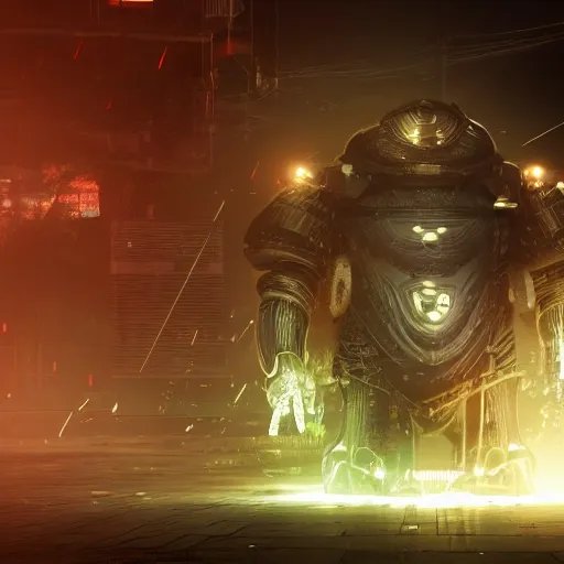 Prompt: a photo of a huge wide toad in a futuristic armor with glowing katana sword, cyberpunk, hyper realistic, hyper detailed, volumetric lightning, grainy film, octane render, 8k, raytracing