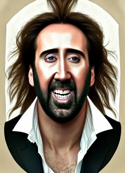 Prompt: symmetry!! portrait of nicolas cage, long hair in the wind, smile, happy, white vest, intricate, elegant, highly detailed, digital painting, artstation, concept art, smooth, sharp focus, illustration, art by artgerm and greg rutkowski and alphonse mucha