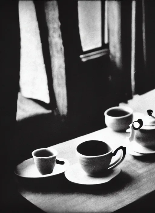 Image similar to A frame from the film 'Knitting at Home sipping some tea' directed by Salvador Dali, 70mm, forest, black and white, grainy film photography, chiaroscuro, highly detailed, masterpiece