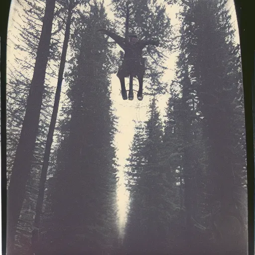 Prompt: eerie polaroid of a man floating above the forest at dusk