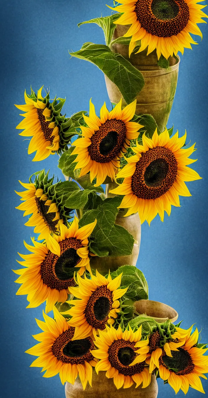 Prompt: highly detailed realistic photo of three sunflowers in a single vase, vibrant colors, award winning masterpiece photography, hyper realistic, concept art, 8 k detail post - processing