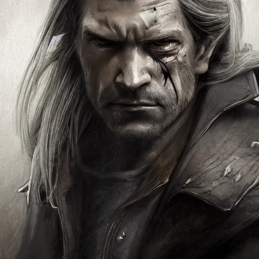 Prompt: portrait of a muscular, grim, ponytail haired blonde man in his late 30's, wearing a thick brown leather coat, looking to his side, scarred face, hunter, DnD character, fantasy character, dramatic lighting, high detail, graphite black and white by Ruan Jia, Krenz Cushart, Rossdraws and Boris Vallejo