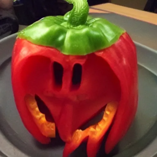 Prompt: demonic howling face within a cut capsicum