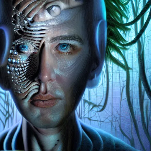 Image similar to full face close up portrait, sandman's visions of chaos in a cybernetic dream, by peter woodroffe, by igor morski, by laurie lipton, in a jungle, cinematic lighting, volumetric lighting, neosurrealism, realistic shadows, particle effects, rendered in octane, noir, electric, cosmic, cybernetics, dream