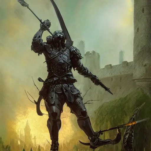 Image similar to demon soldier fighting against humans using magic leaves falling in the background arrows flying medieval castle near the battle rainny digital painting, artstation, concept art, soft light, hdri, smooth, sharp focus, illustration, fantasy, intricate, elegant, highly detailed, D&D, matte painting, in the style of Greg Rutkowski and Alphonse Mucha and artemisia, 8k, highly detailed, jurgens, rutkowski, bouguereau, pastoral, rustic, georgic