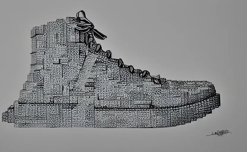 Image similar to sneaker made out of lego, ink drawing, jacques - louis david