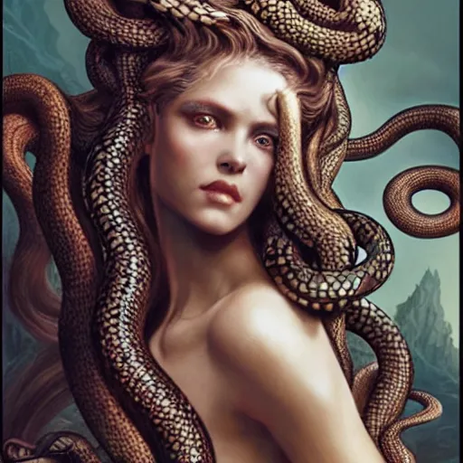 Image similar to head and shoulders ( ( ( vogue 7 0 mm fashion photo ) ) ) of medusa with different species of snakes for her hair, d & d, fantasy, luis royo, magali villeneuve, donato giancola, wlop, krenz cushart