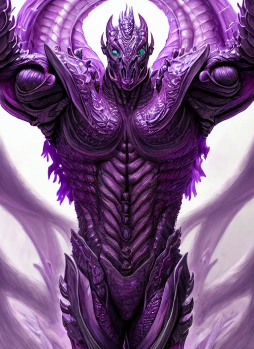 Prompt: muscular and tall purple ghostly fire humanoid dragon!!!! draconian!! intricate ornate iridescent heavy armor!! character concept art, sharp focus, octane render! unreal engine 5! highly rendered!! trending on artstation!! detailed linework!! illustration by artgerm, wlop, and chie yoshii