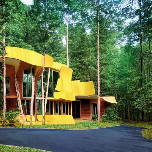 Image similar to architecture ad for a mid-century modern house in the middle of the forrest, designed by Frank Gehry. Film grain, cinematic, colorized, yellow hue