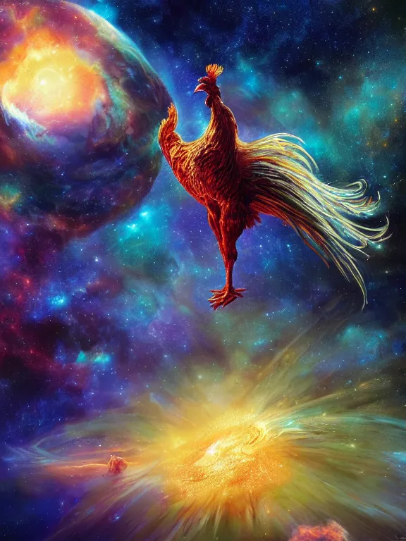 Prompt: a giant rooster floating in space, galaxy cosmic nebula, epic, volumetric light, hyperrealistic, glitter, mega detailed, beautiful composition, beautiful lighting, unreal render, 4 k, vincent di fate, john berkey, michael whelan