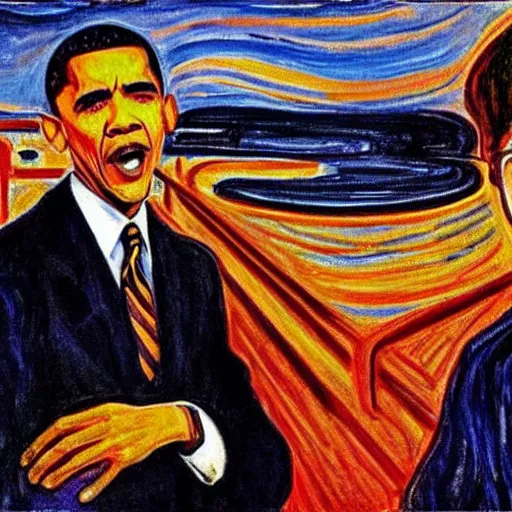 Image similar to obama and harry potter together shouting in unison on the scream edvard munch's painting, style of monet, museum masterpiece, worth a lot, sothebys