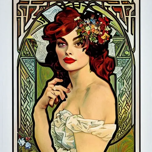 Prompt: margot robbie, extremely detailed, french noveau, alphonse mucha