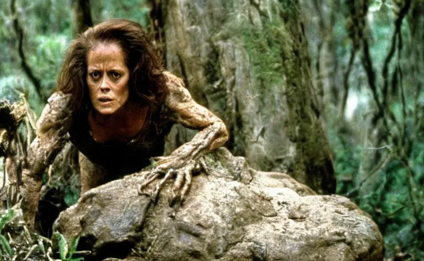 Image similar to film still of a mud - covered sigourney weaver as major dutch hiding behind a rock from the predator in predator 1 9 8 7, hd, 8 k