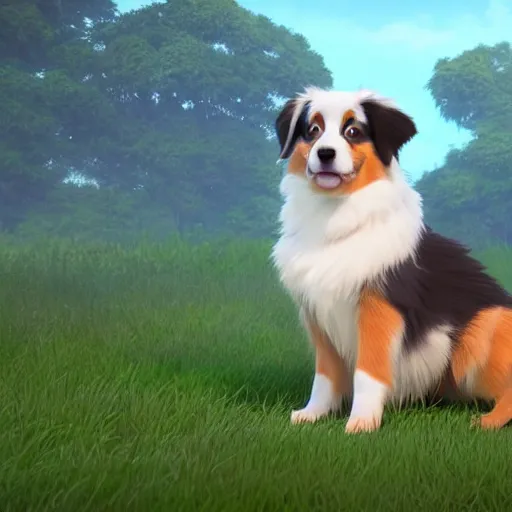 Image similar to a wholesome animation key shot of australian shepherd puppy, studio ghibli, pixar and disney animation, sharp, rendered in unreal engine 5, anime key art by greg rutkowski, bloom, dramatic lighting