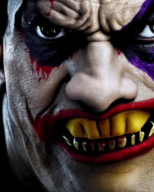 Prompt: Film still close-up shot of Dwayne The Rock Johnson as The Joker from the movie The Dark Knight. Photographic, photography