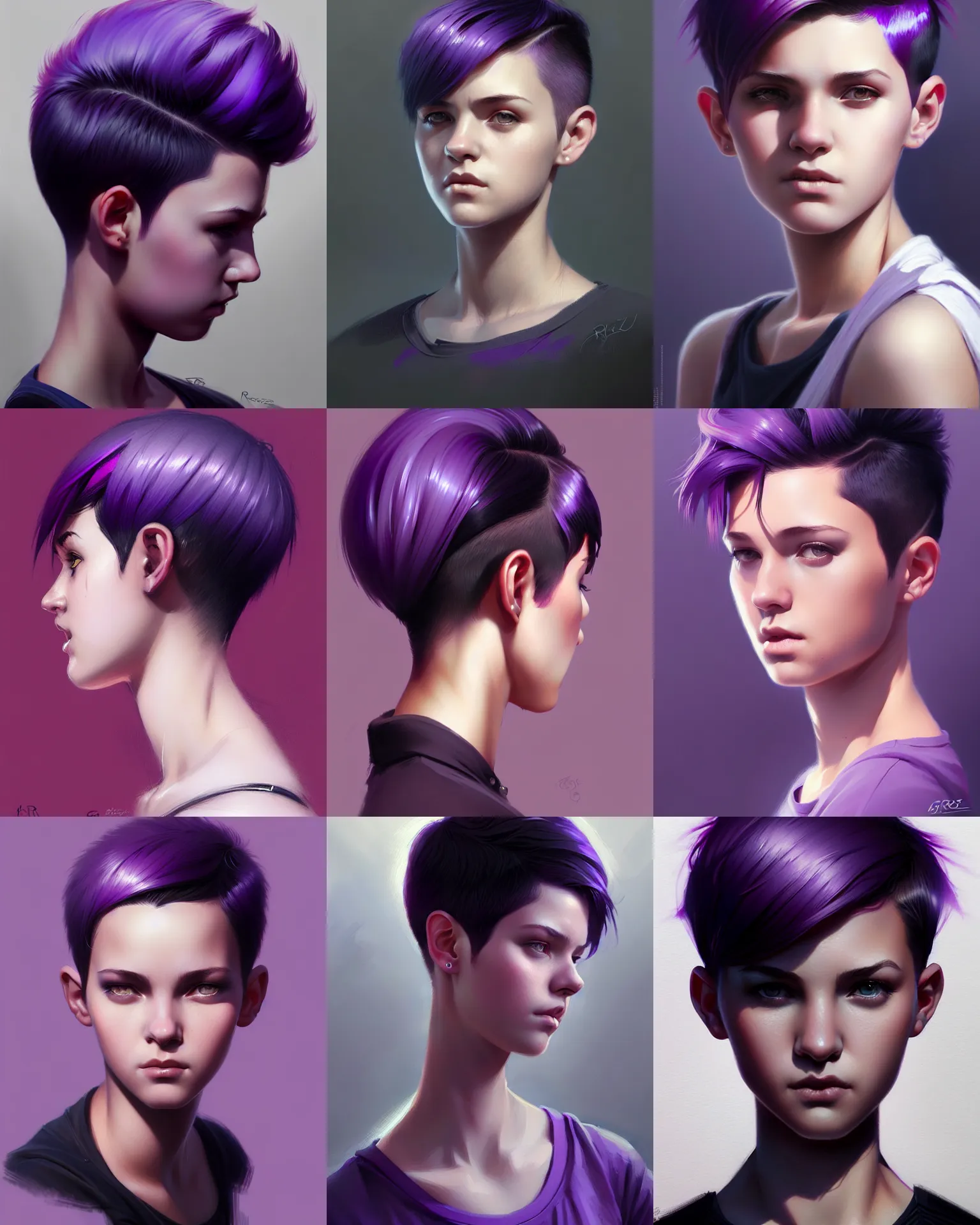 Prompt: Portrait of young teenage female, pixie undercut hairstyle, black to purple fade hairstyle, intricate, highly detailed, digital painting, artstation, concept art, sharp focus, illustration, art by greg rutkowski and ross draws