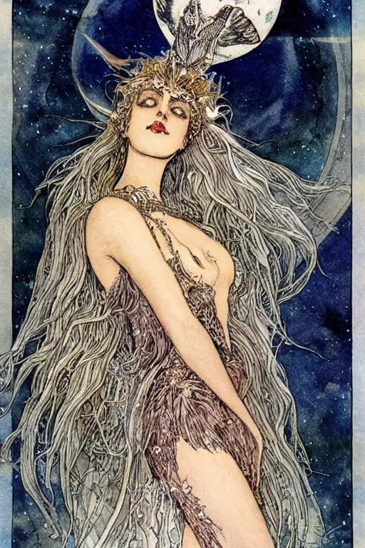 Image similar to moth princess woman howling at the moon with wild hair, art by luis royo and walter crane and kay nielsen, watercolor illustration,