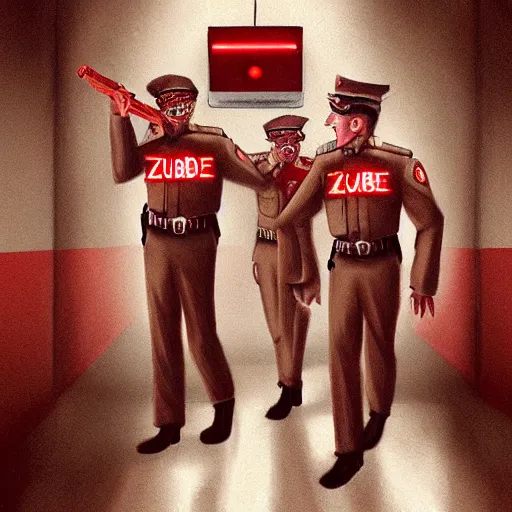 Image similar to zombie security 1 9 4 0 officers with a glowing red aura in beige uniforms in a brutalist office setting trending on artstation digital painting