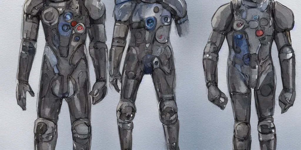 Image similar to male, full body, wide shot, modern space suit, intriguing helmet, stylized character design, the expanse tv series, large shoulders, short torso, long thin legs, tiny feet, science fiction, hyperdetailed, technical suit, dieselpunk, watercolor digital painting, in the style of bruce timm, by alex maleev