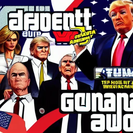 Prompt: Donald Trump on the cover of GTA V,