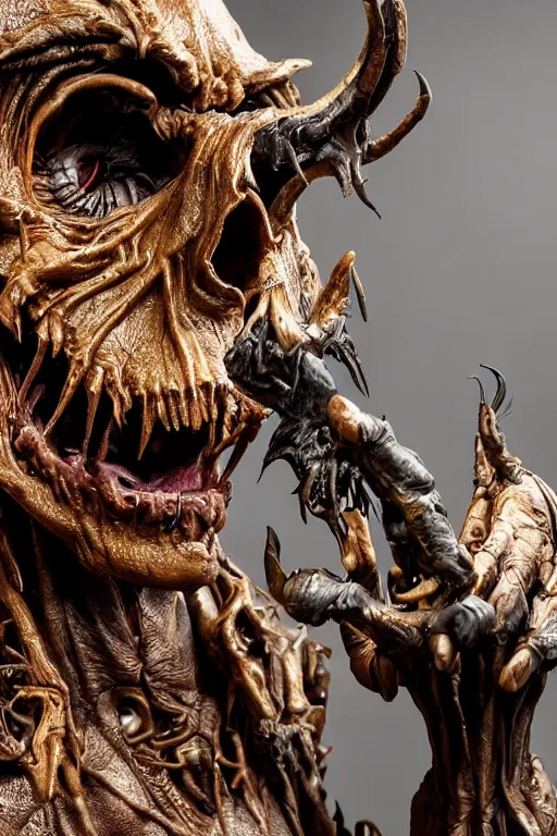 Image similar to photo taken of an epic intricate, ultra detailed, super realistic sculpture of a nightmarish hellish demonic grim reaper animatronic on display in a workshop, created by weta workshop, full body shots, photorealistic, sharp focus, f 0. 4, face centred, macro photography, golden ratio, golden hour