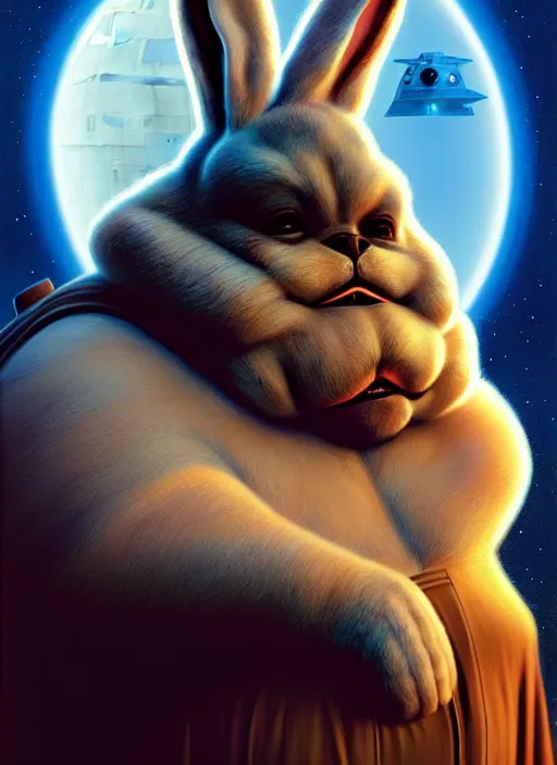 Image similar to hyper realistic, star wars, zoomed out portrait of a mega derpy john candy as big chungus, with bunny ears, stoned, by greg rutkowski, scott m fischer, artgerm, loish, slight glow, atmospheric, anne stokes, alexandros pyromallis