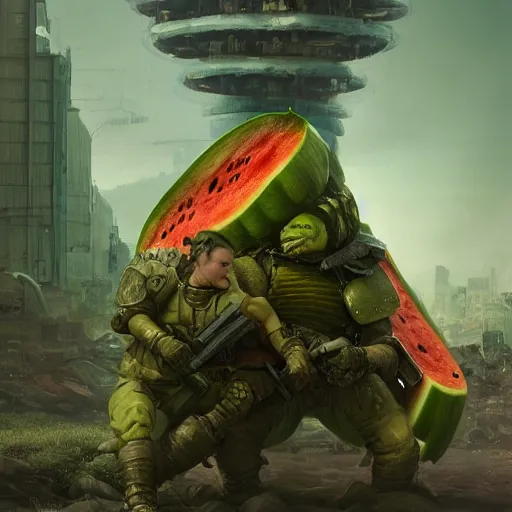 Image similar to Concept Digital Art Highly detailed giant Watermelon warlord protecting Ukrainian city from Orks by Taras Shevchenko and Stephen Hickman and Beeple. Very highly detailed 8K,Pentax 67, Kodak Portra 400 in style of Hiromasa Ogura Ghost in the Shell, the golden ratio, rational painting