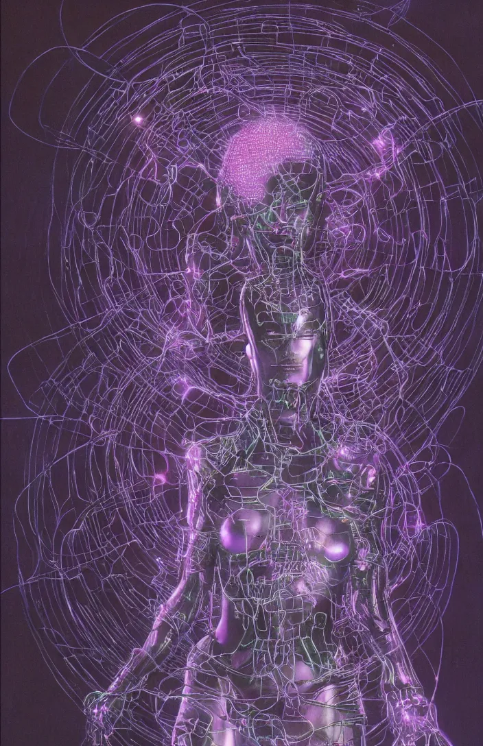 Prompt: an cybernetic goddess, contemplating existence, beyond the known universe, fine art, bokeh, omnidimensional, ocd, electroluminescent wire by wayne barlowe