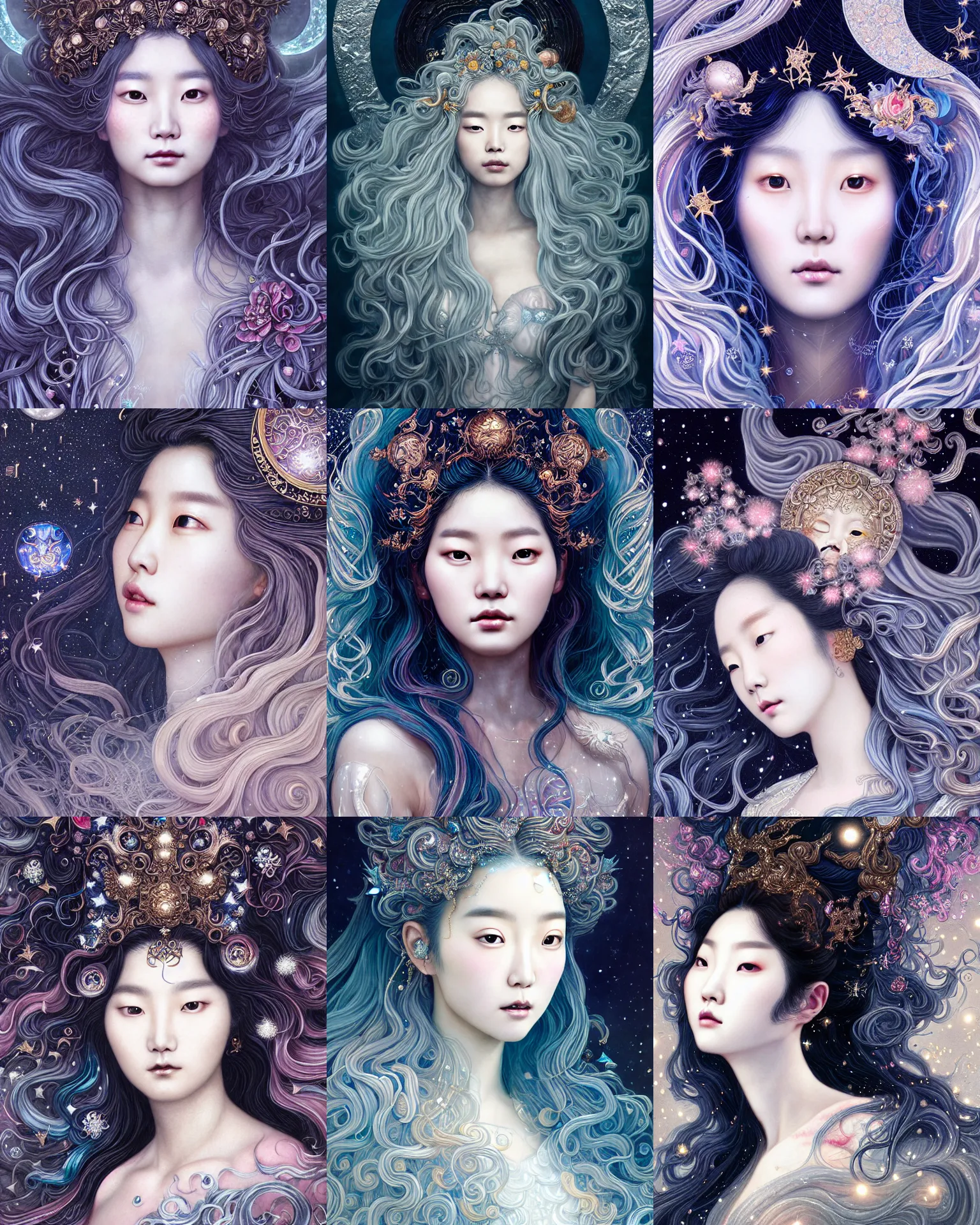 Prompt: baroque neoclassicist closeup portrait of lee jin - eun as a beautiful moon goddess with stars in her flowing hair, reflective detailed textures, glittering multiversal ornaments, dark fantasy scifi painting by james jean, martine johanna, ross tran, conrad roset, takato yomamoto, dramatic lighting, gleaming silver and soft rich colors