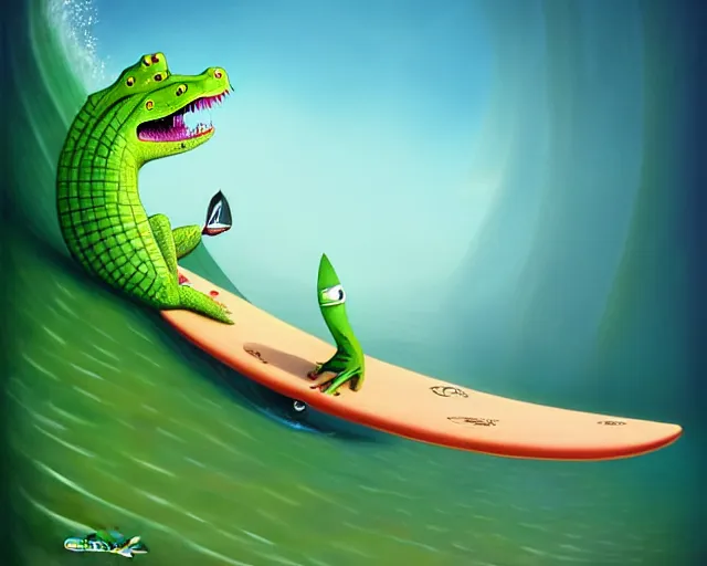 Prompt: a crocodile surfing on a longboard, tube wave, funny cartoonish, by gediminas pranckevicius h 7 0 4