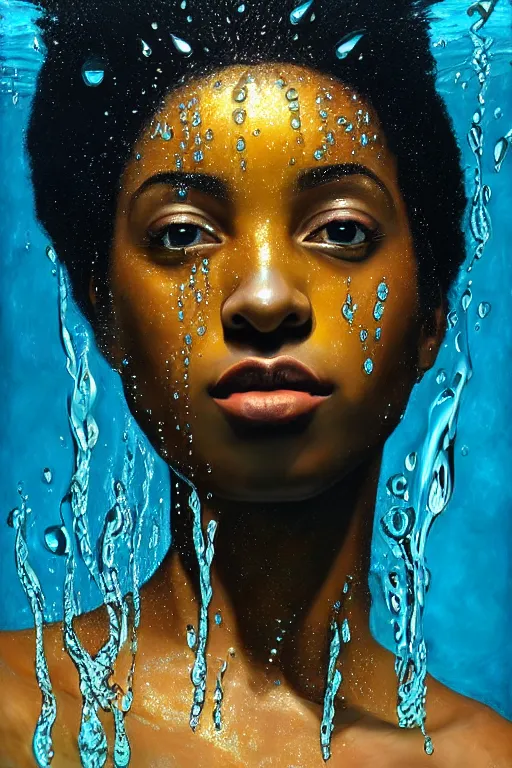 Image similar to hyperrealistic precisionist cinematic profile very expressive! oshun goddess, in water! john everett millais, mirror dripping droplet!, gold flowers, highly detailed face, digital art masterpiece, smooth eric zener cam de leon, dramatic pearlescent turquoise light on one side, low angle uhd 8 k, shallow depth of field