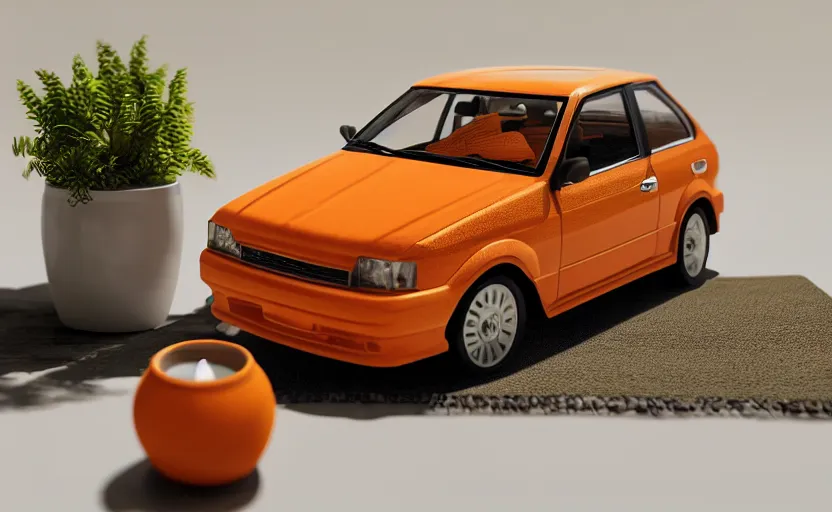 Image similar to a small miniature of a orange Toyota Corolla KE20 on a white table near a book and a vase with a plant, hyperrealistic, concept art, octane render, unreal engine 5, path tracing, complementary colors, calm, relaxing, serene, product photo, centered, symmetrical