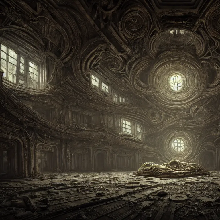 Image similar to surreal interior of abandoned ancient alien spaceship covered with ribbed spinal tubes, surreal abandoned buildings, dream-like heavy atmosphere, baroque painting, beautiful detailed intricate insanely detailed octane render trending on Artstation, 8K artistic photography, photorealistic, volumetric cinematic light, chiaroscuro, Raphael, Caravaggio, Beksinski, Giger