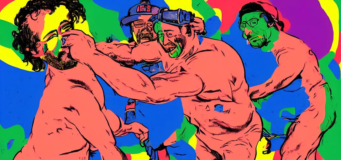 Image similar to Sam Hyde sparring with Joe Rogan but they are lost in a David Lynch movie, Mike Judge art style, 90's mtv illustration, surrealism, clean linework, vivid complementary colors