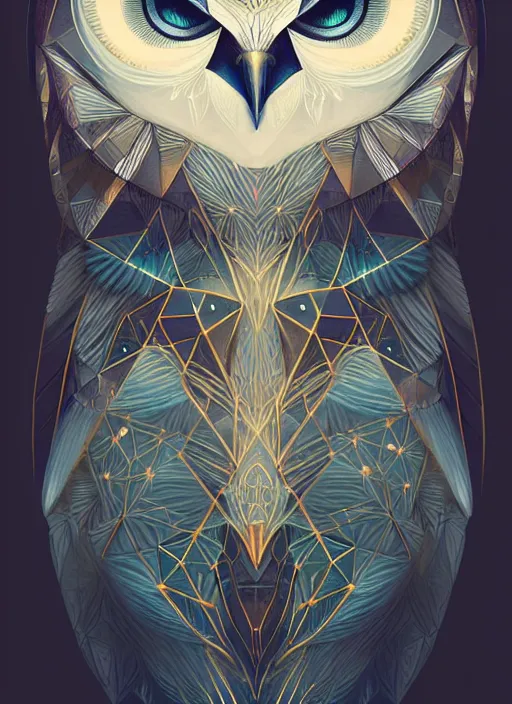 Image similar to portrait of a geometric owl, identical eyes, medium shot, illustration, full body made of white feathers, symmetrical, art stand, super detailed, cinematic lighting, and its detailed and intricate, gorgeous, by peter mohrbacher